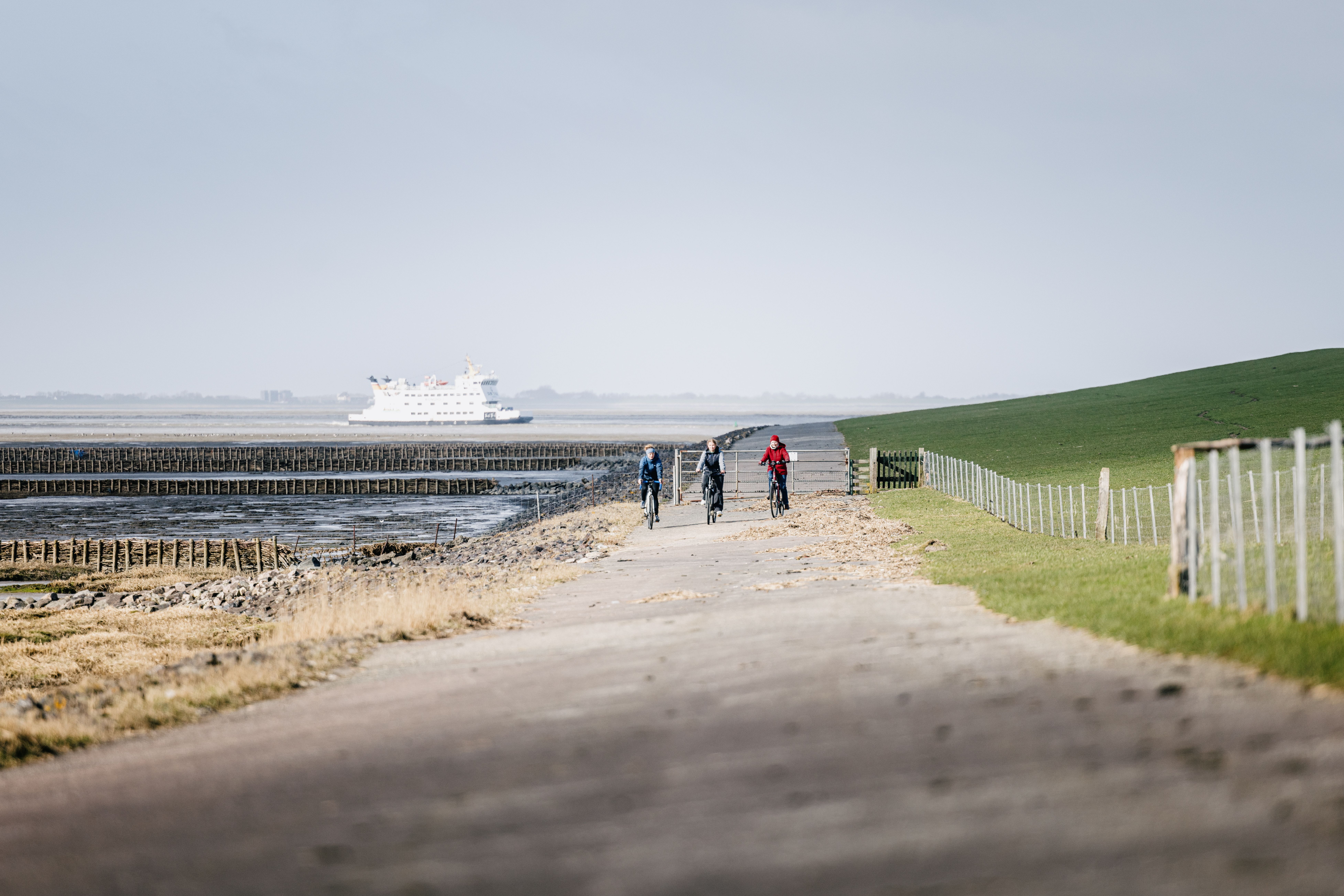Drei Radfahrerinnen fahren auf dem Deich am Meer, im Hintergrund fährt die Fähre von Pellworm nach Nordstrand. Verlinkung zur Unterseite "Radfahren auf Nordstrand"