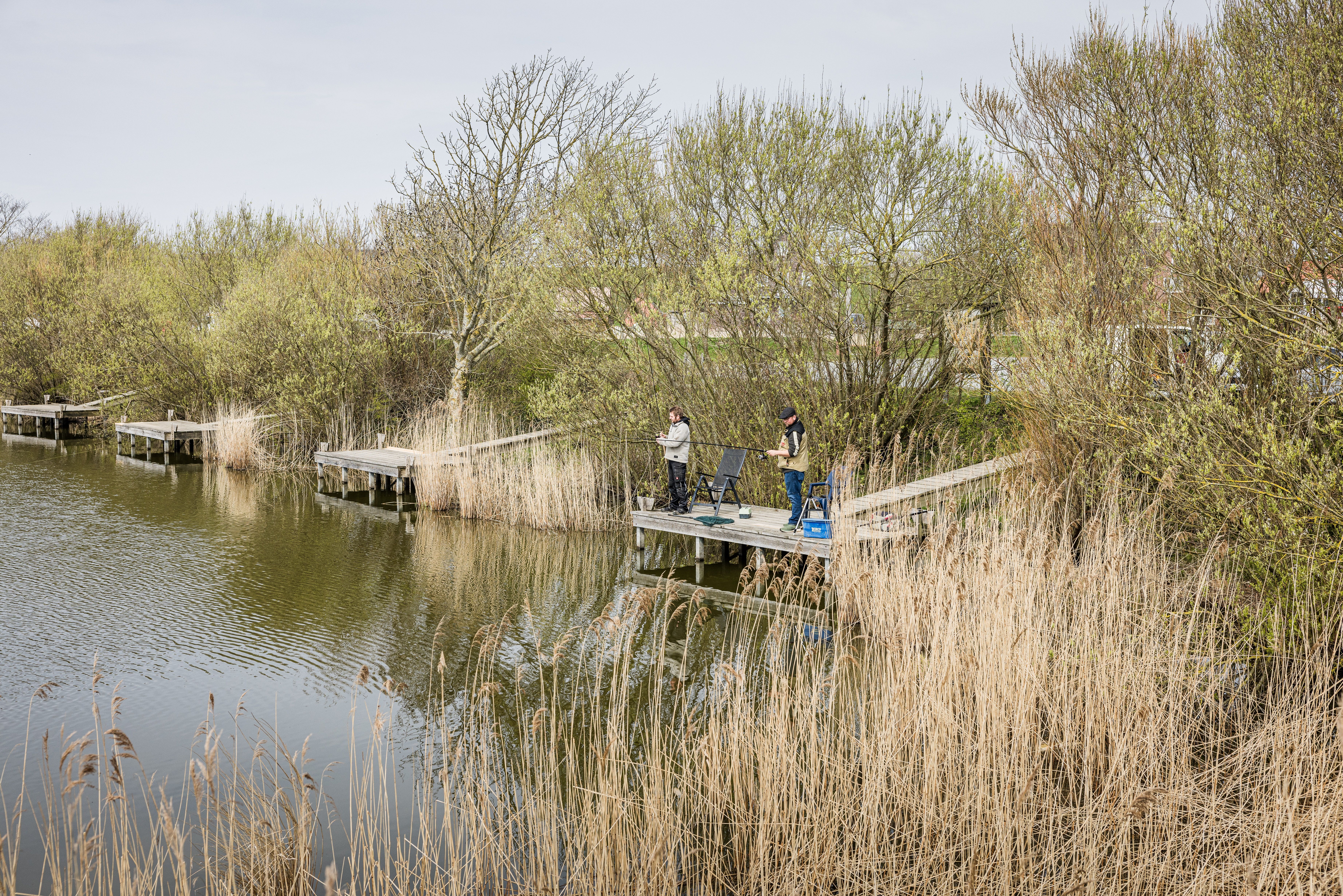 Zwei Männer stehen auf einem Holzsteg an einem See und angeln. 