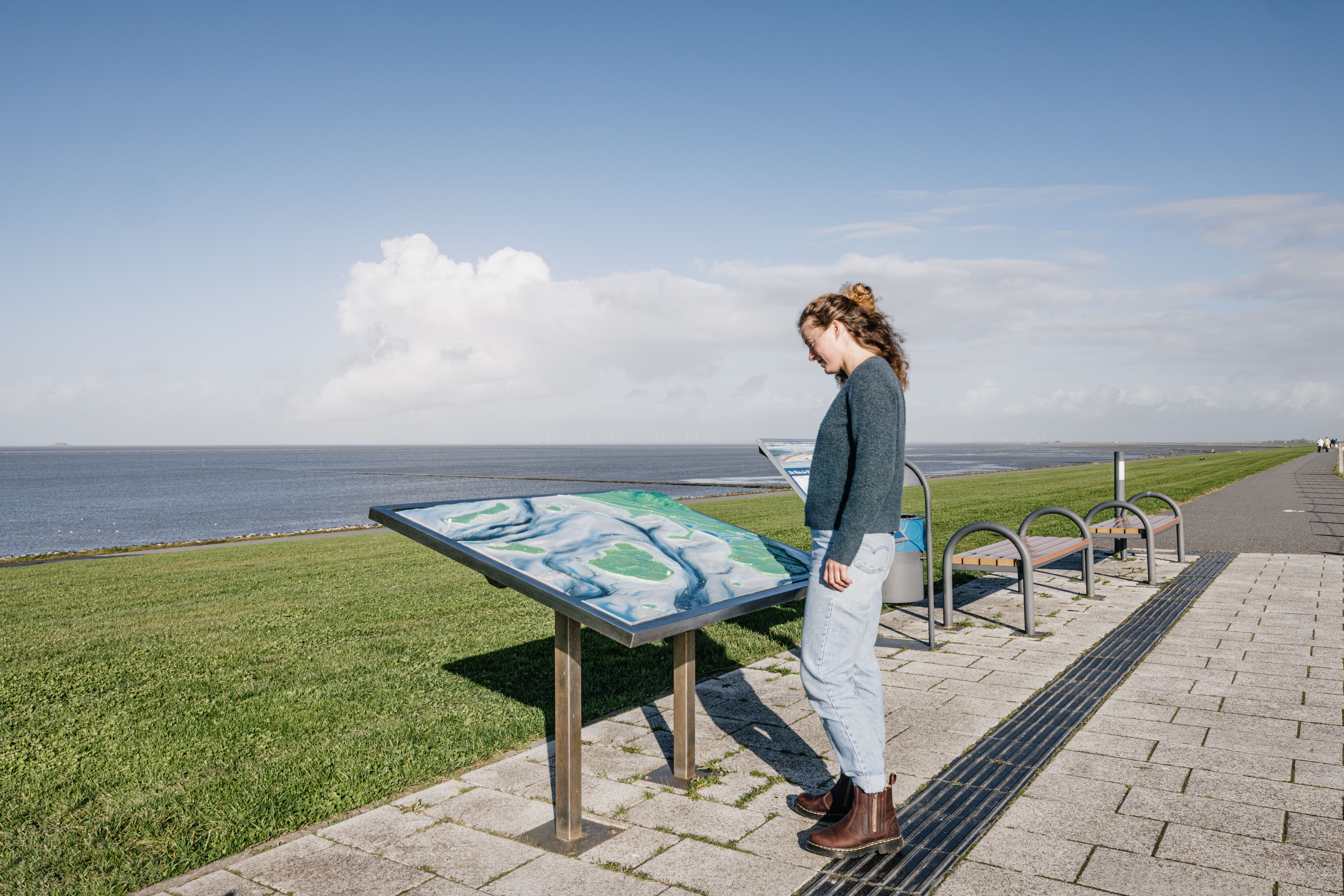 Eine Frau schaut sich auf dem Deich eine Schautafel über die Region an.