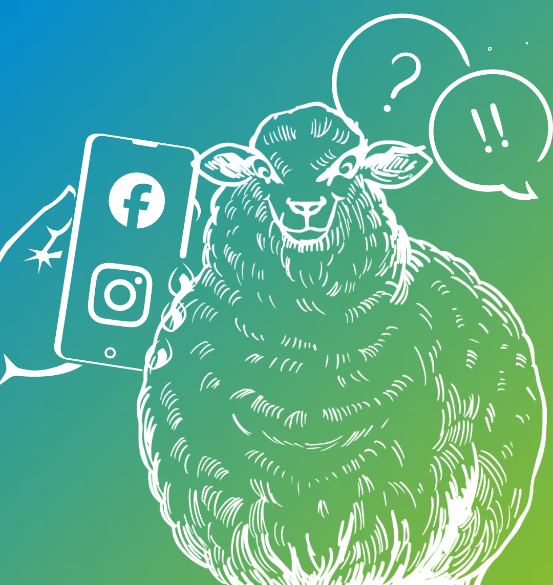 Komikzeichnung eines Schafes, welches ein Handy vorgezeigt wird mit Facebook und Instagram Icon auf dem Bildschirm.