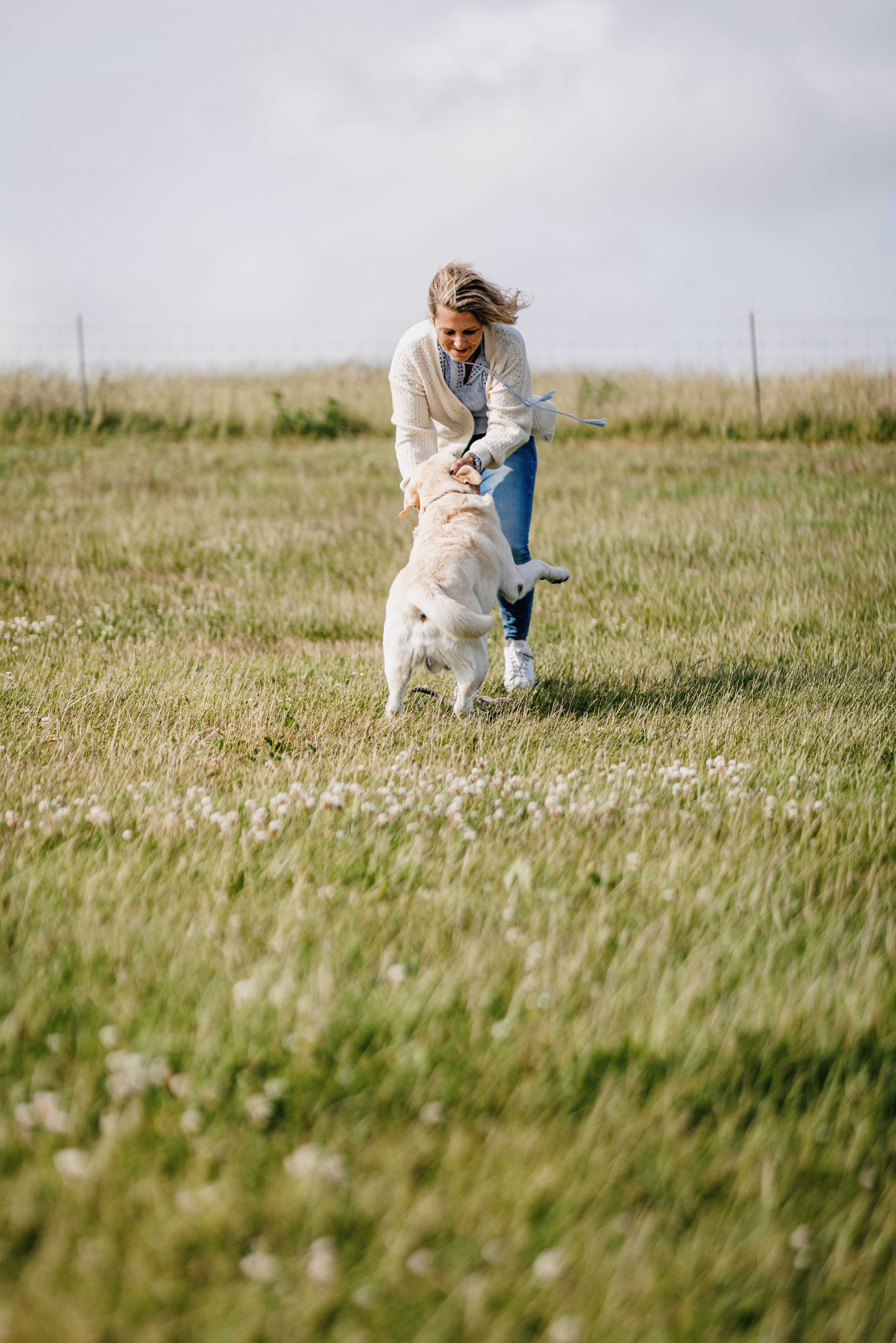 Frau mit Hund am Spielen auf Nordstrand, Verlinkung zur Unterseite "Hundefreundliche Unterkünfte". 