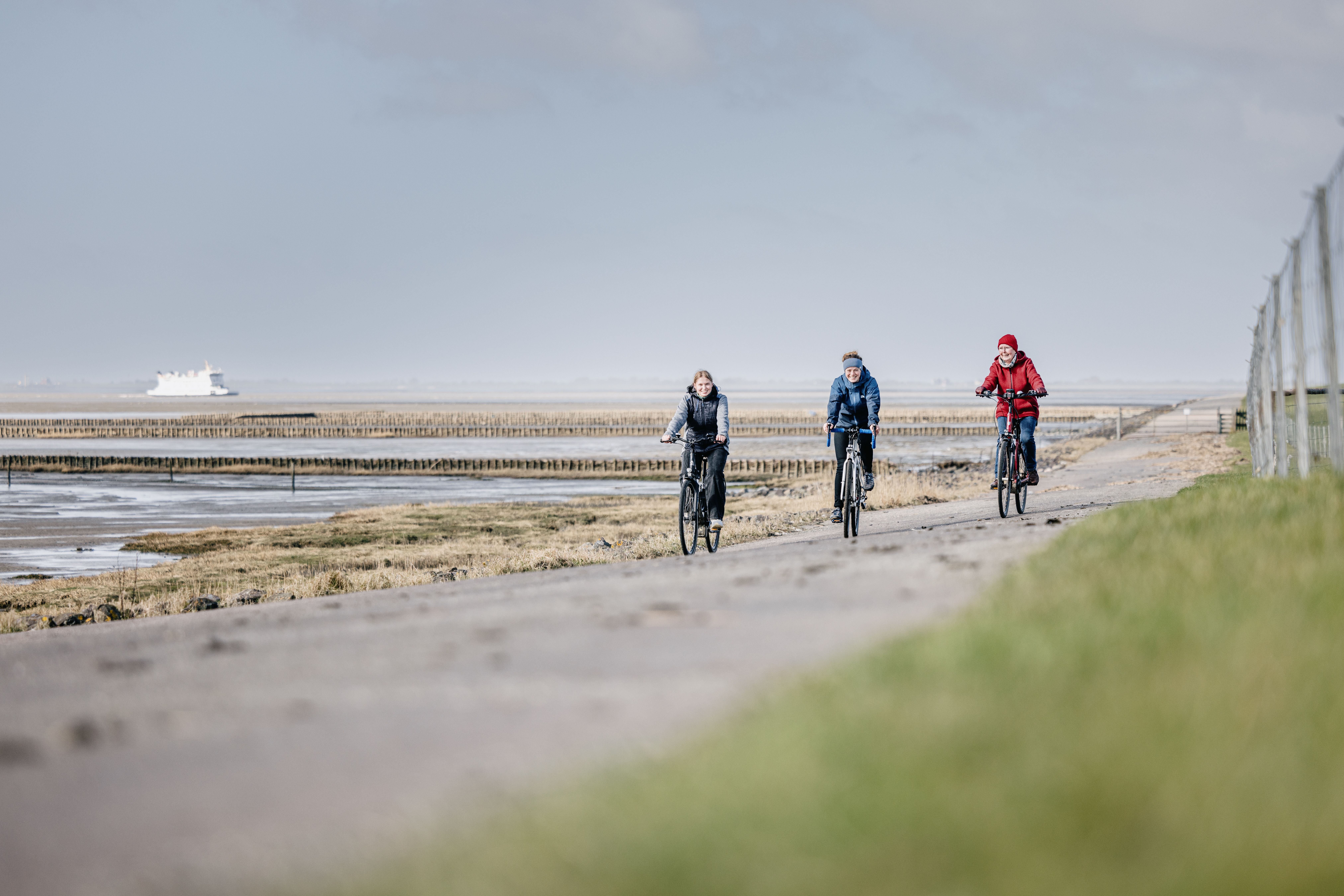 3 Damen fahren Fahrrad auf Nordstrand am Deich